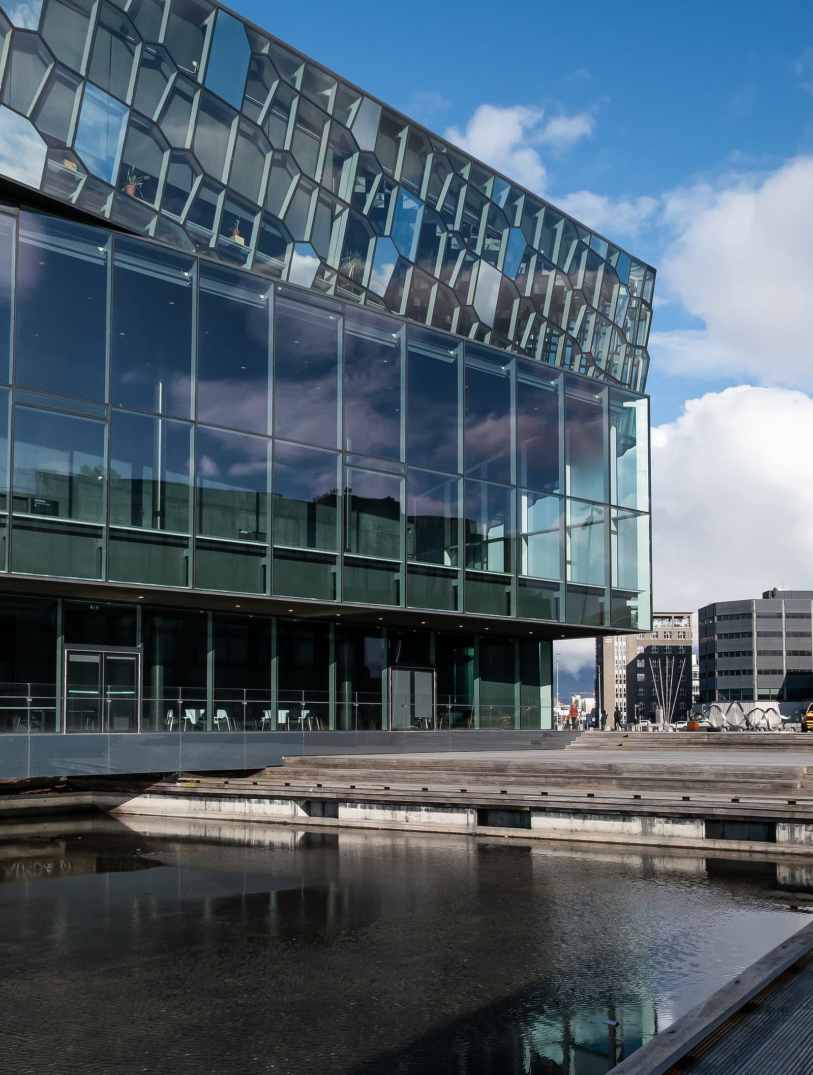 Exterior section of The Harpa.  Photographed by Karen Palmer, an architectural photographer.