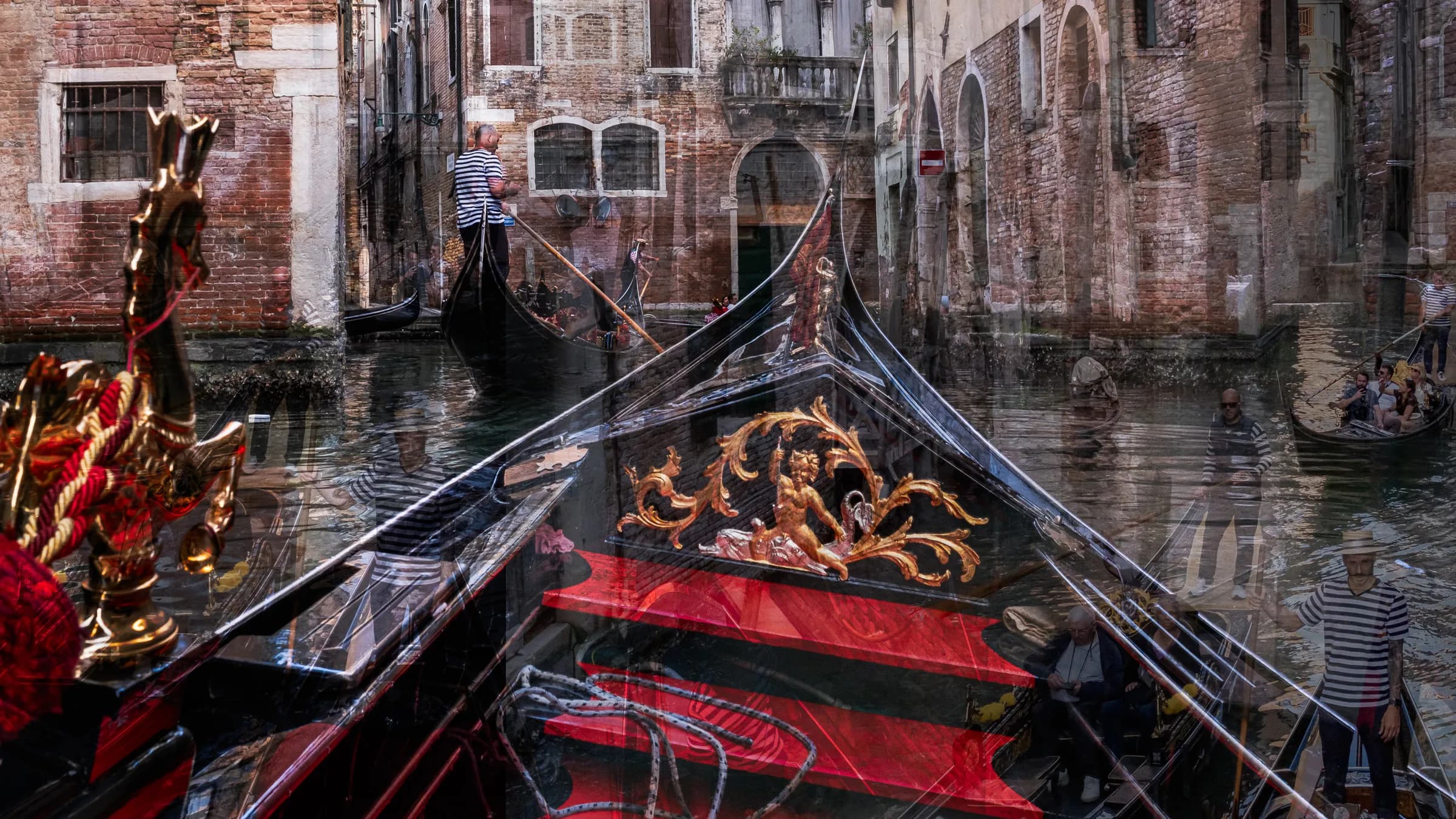 A spatial composite fine art print of multiple overlapping moments on a Venice canal, featuring a centered gondola prow, gold carvings, and ghosted figures of gondoliers. Red is dominant color