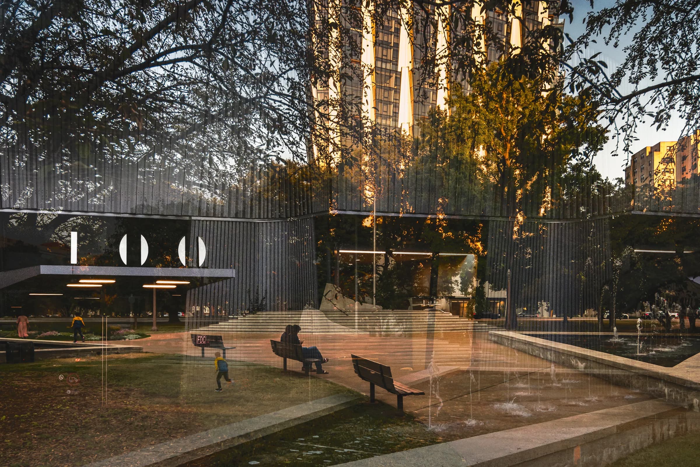 Fine art photographic spatial composite layering views of Forest Park and the modern, tiered facade of the One Hundred building in St. Louis into an intricate, minimalist architectural composition.