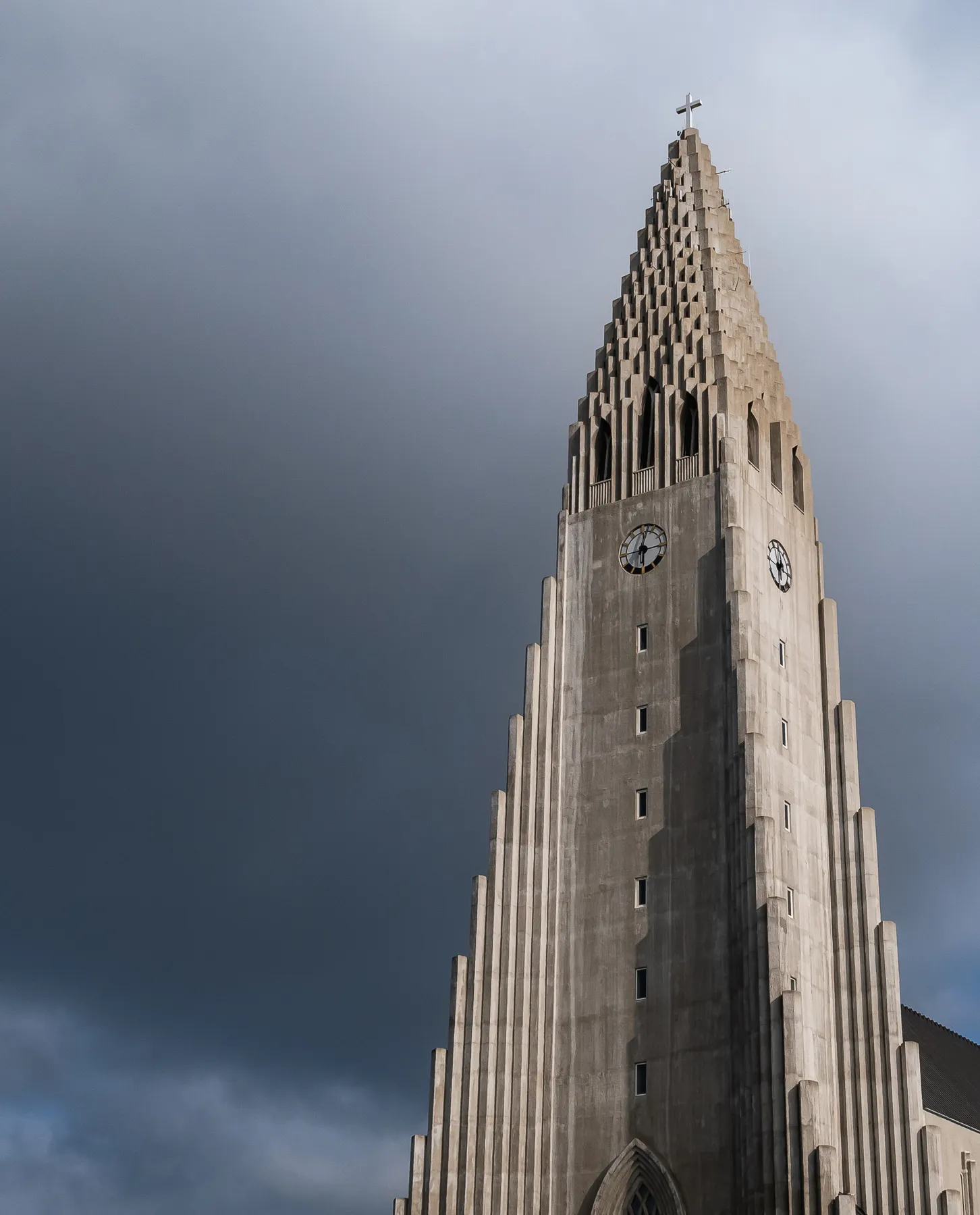 stormy detail of the tower on the Hallgrímskirkja