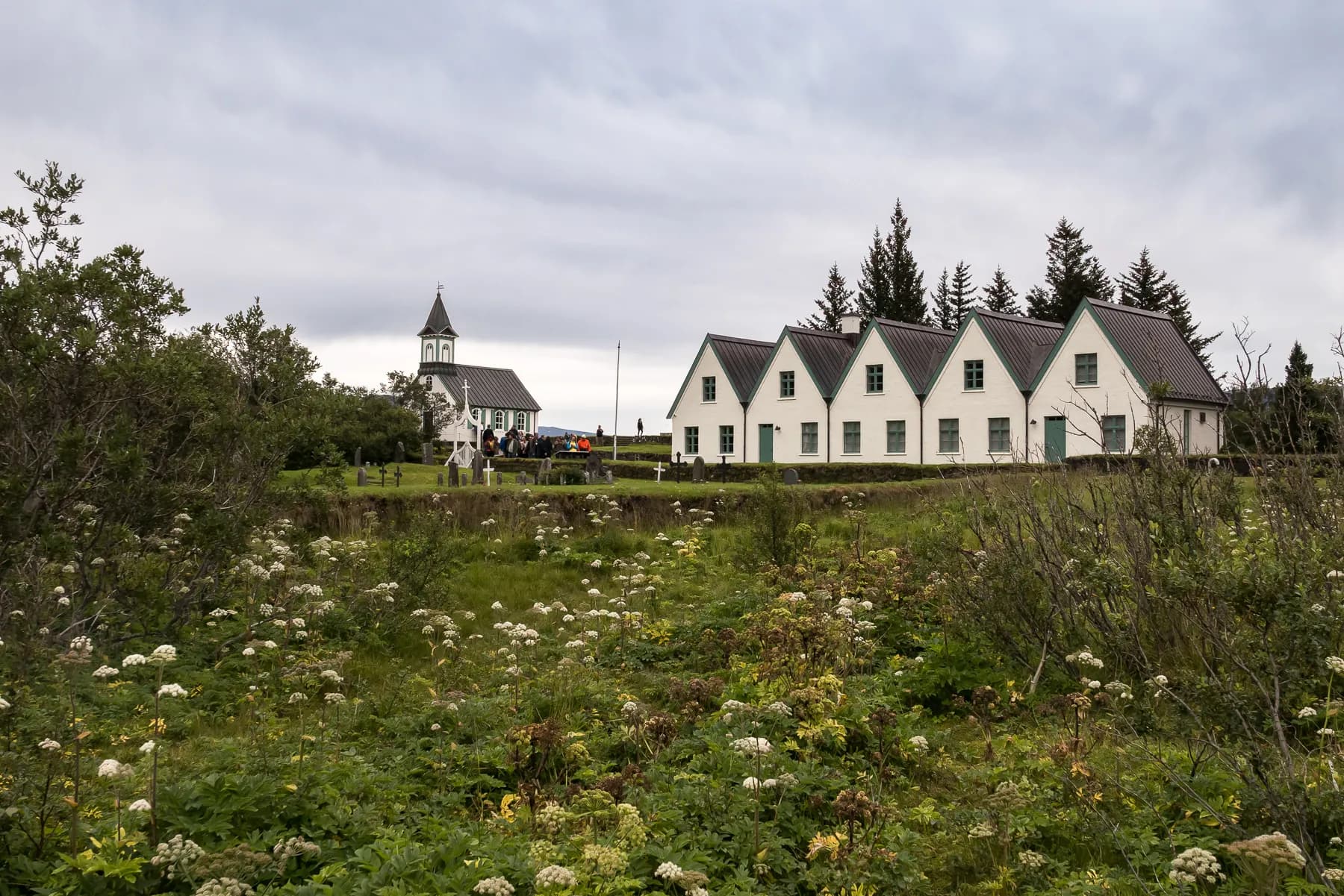 Historic white building with dark roof partially framed by greenery in Þingvellir National Park, Iceland.