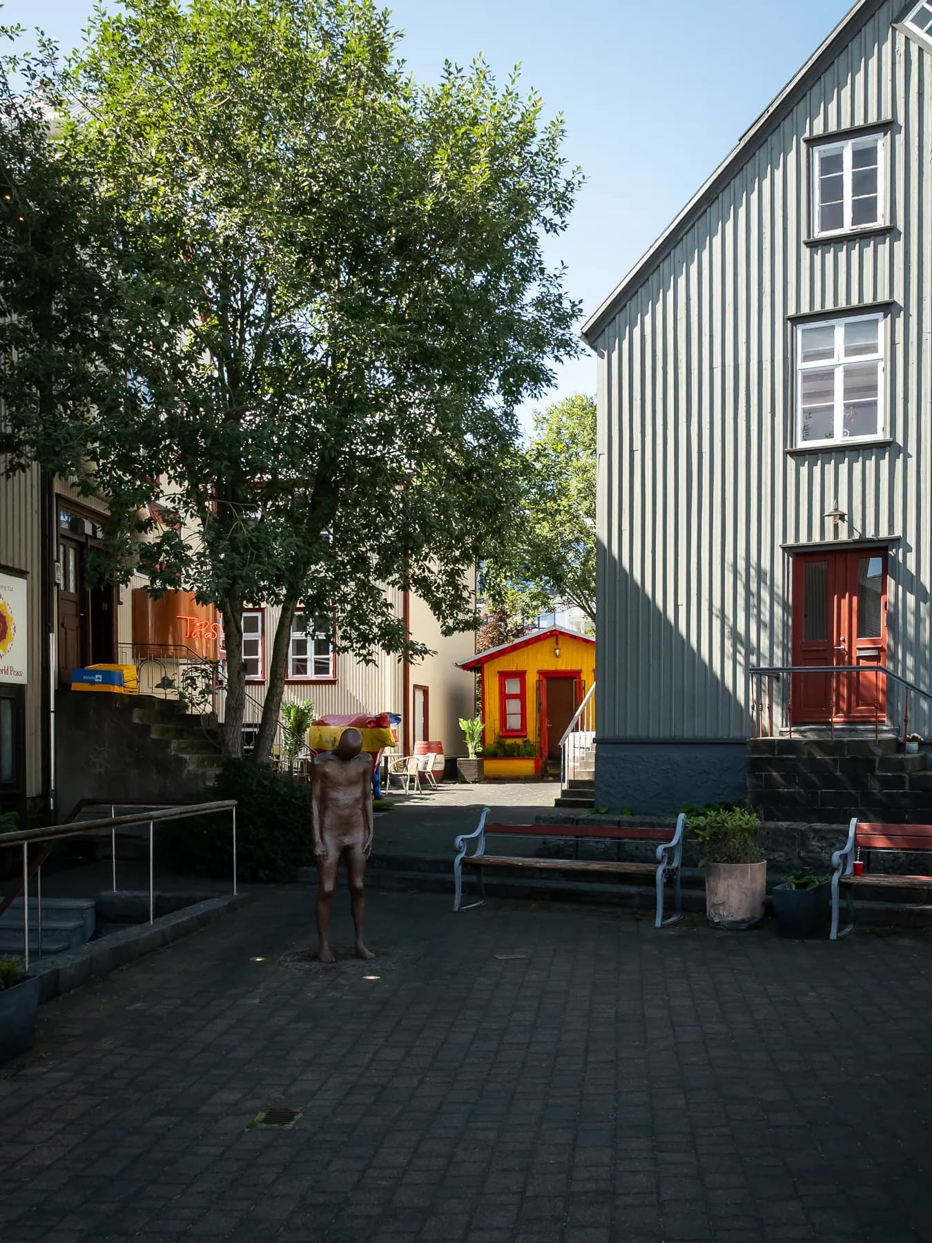 Quiet Reykjavik street scene with colorful buildings, trees, and dark paving under an overcast sky.