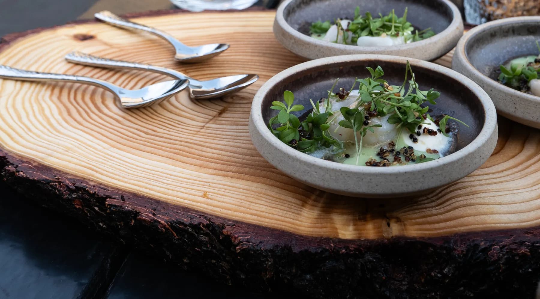 Bowls of fish and green herbs on a wooden table in Reykjavik, Iceland