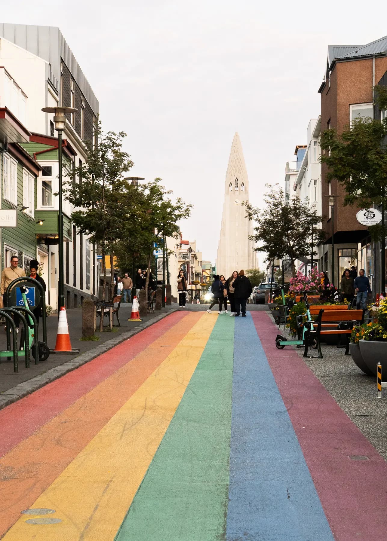 Rainbow painted street in the city center of Reykjavik