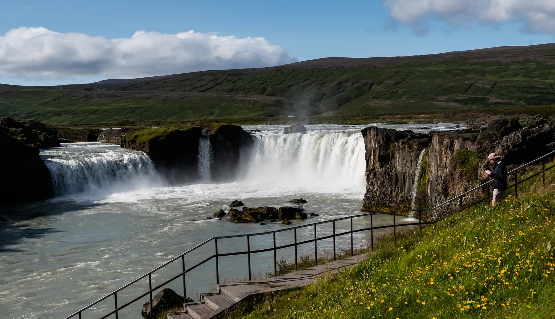 Tourist view of Iceland waterfall Godafoss